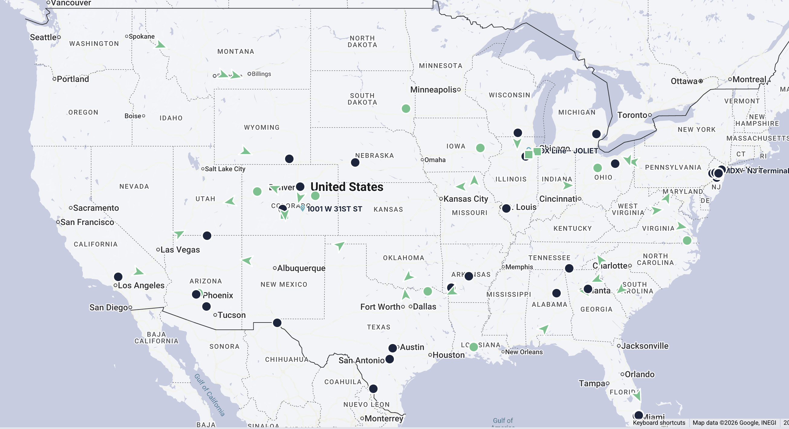 MDX Line live Samsara GPS tracking showing fleet positions across the United States